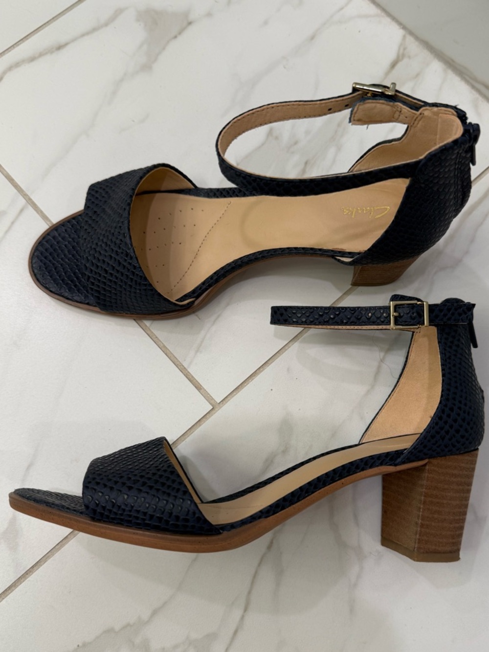 Clarks Navy Textured Open-Toe Heels